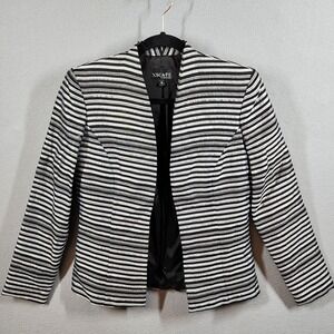 Xscape Blazer Womens 4 Black White Striped Metallic‎ Open Front Jacket Made USA